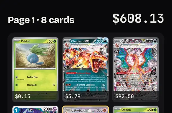 A binder page read in one photo, each pocket priced