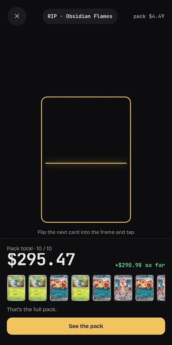 Pull in Rip mode: ten cards scanned, pack total $295.47